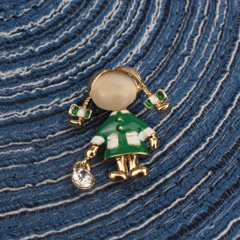 Green Rhinestone Lady Figurine Brooch for Women Jewelry Accessories