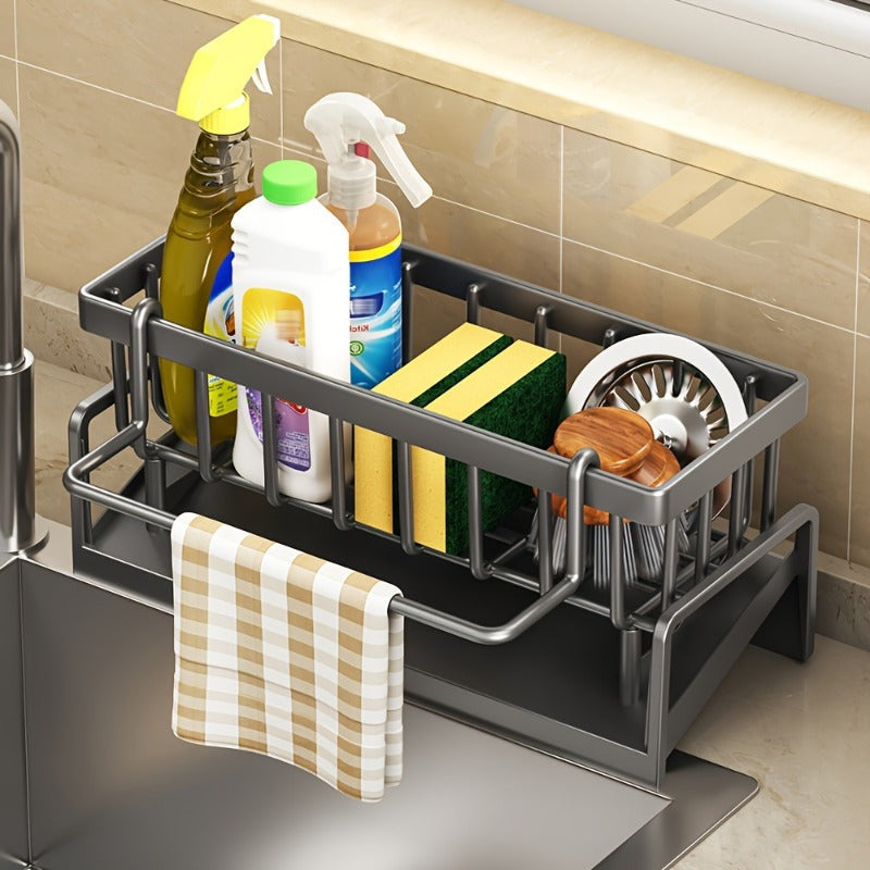 Kitchen Sink Organizer with Over-the-Sink Towel Rack and Spice Holder No-Drill Installation