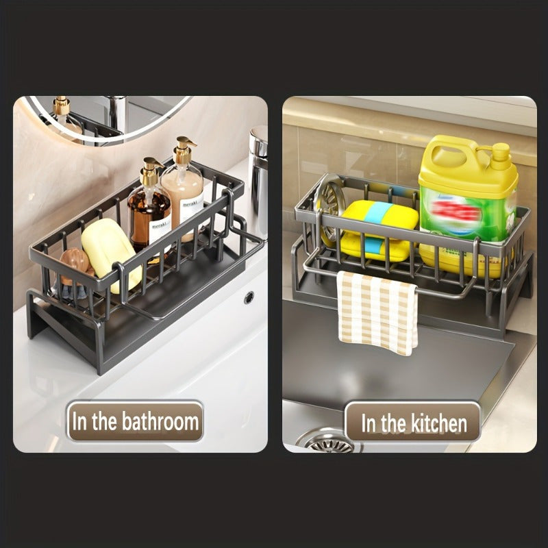 Kitchen Sink Organizer with Over-the-Sink Towel Rack and Spice Holder No-Drill Installation