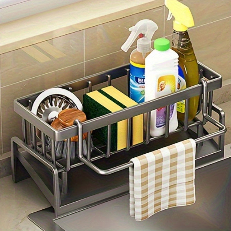 Kitchen Sink Organizer with Over-the-Sink Towel Rack and Spice Holder No-Drill Installation