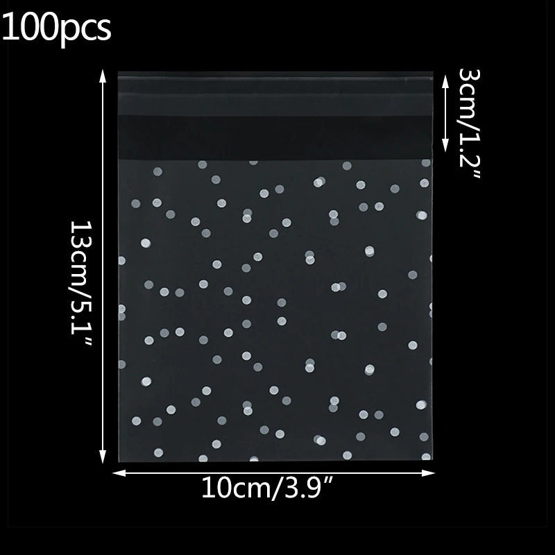 Set of 100 Clear Plastic Bags with Polka Dots for Cookies Treats Baked Goods