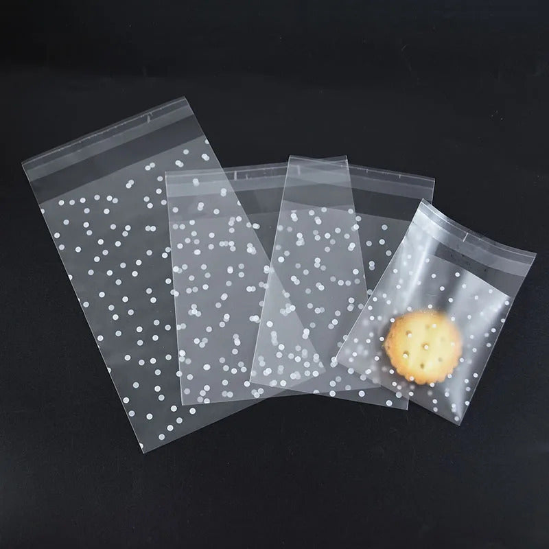 Set of 100 Clear Plastic Bags with Polka Dots for Cookies Treats Baked Goods