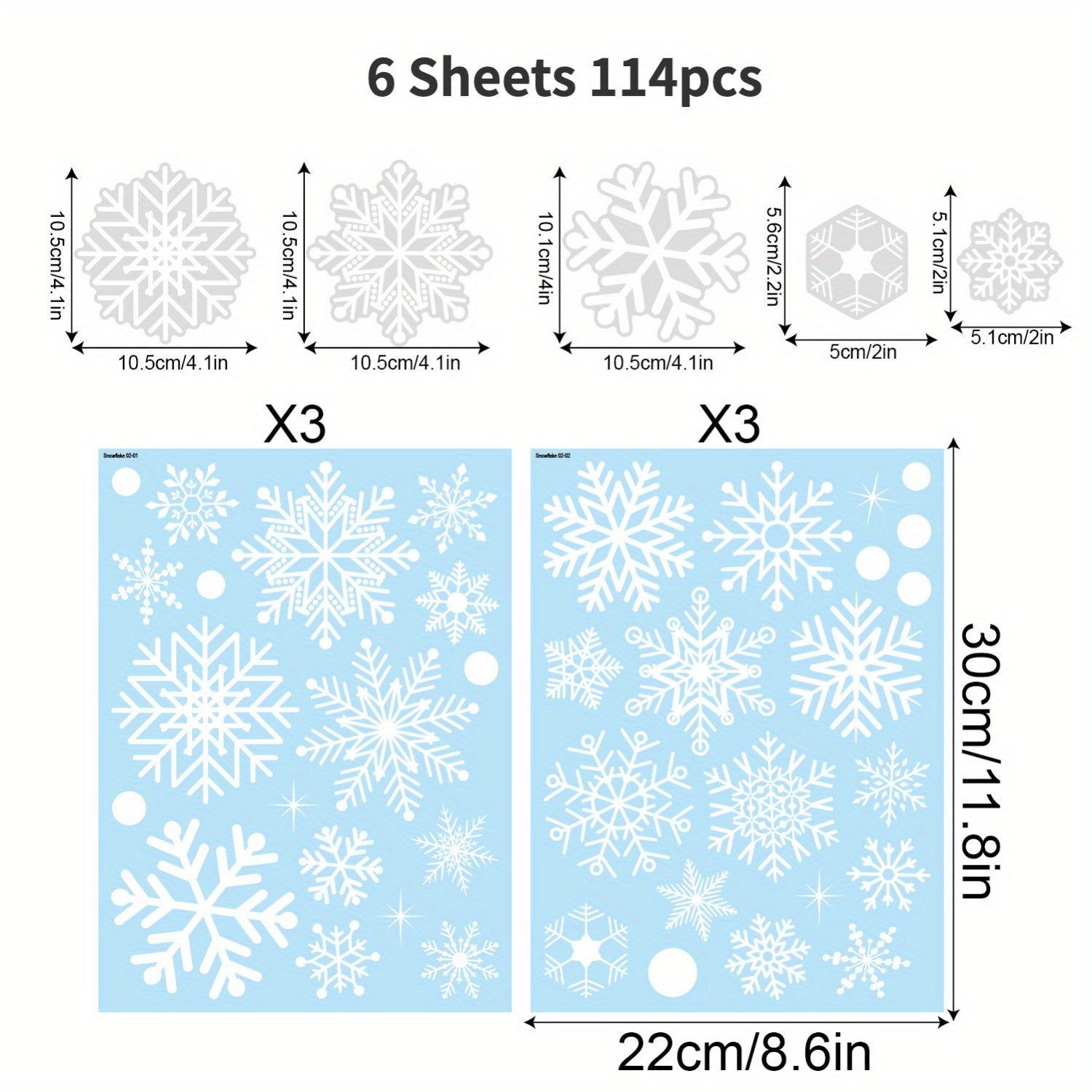 Large White Snowflake Window Decals Set of 114 Reusable Static Winter Christmas Decor