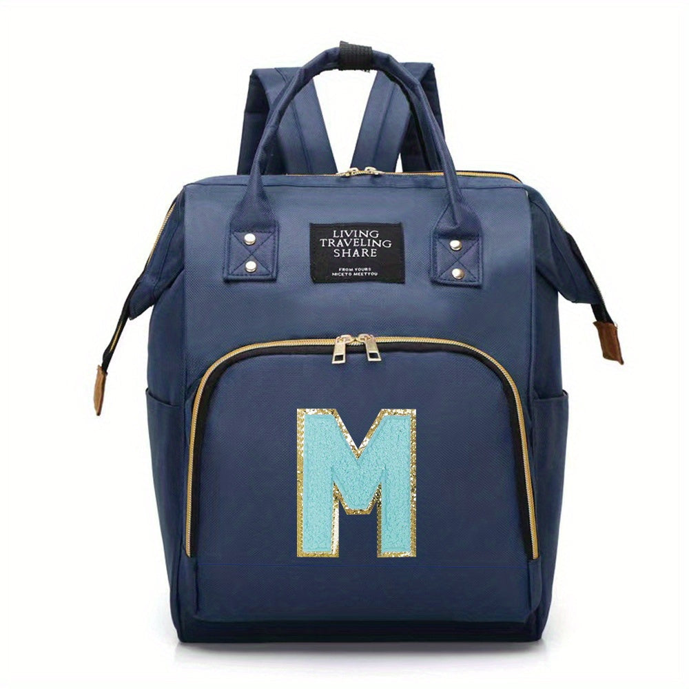 Blue Polyester Diaper Bag with Multiple Compartments and Bottle Holder