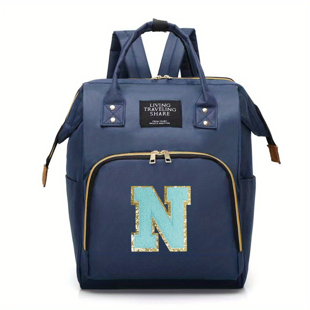 Blue Polyester Diaper Bag with Multiple Compartments and Bottle Holder