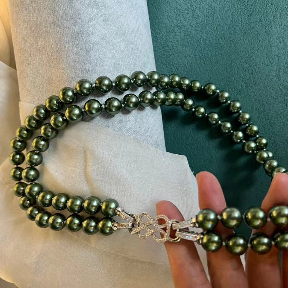 Peacock Green Shell Pearl Necklace Double Strand Imitation Tahitian Pearls Elegant Jewelry