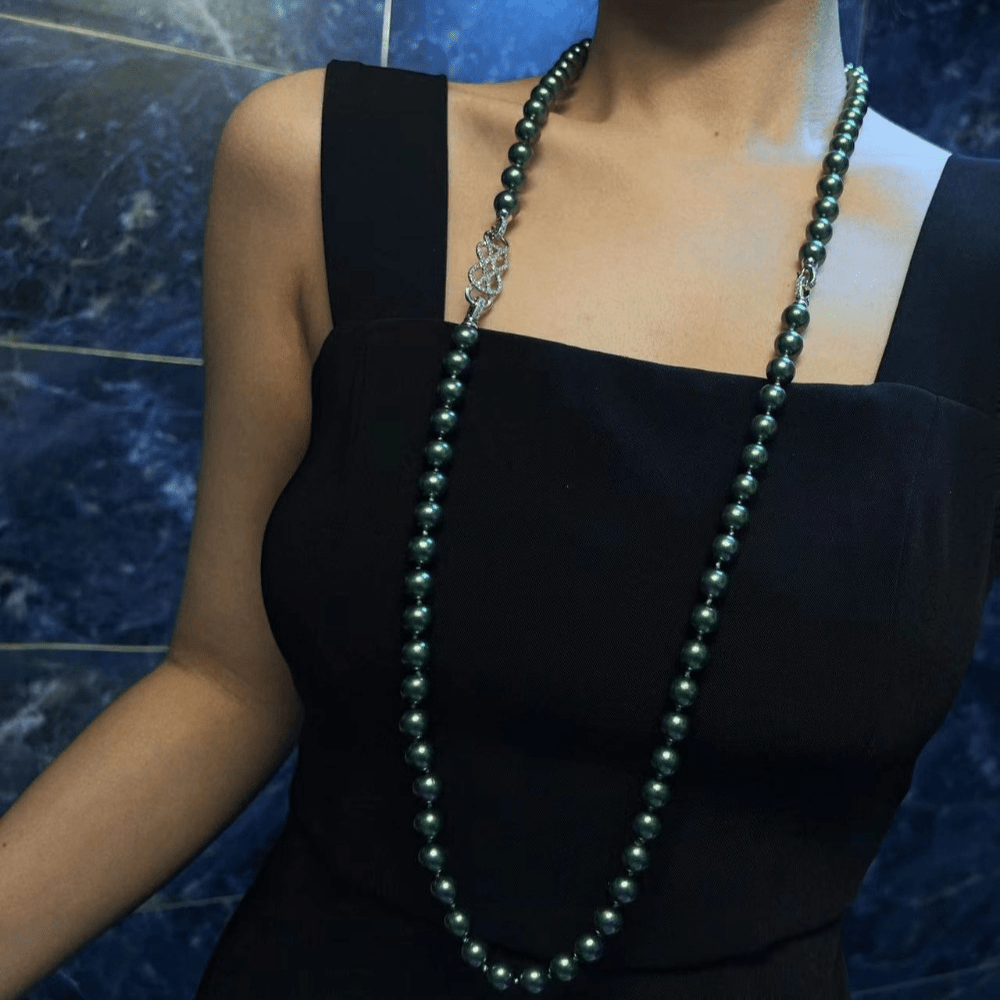 Peacock Green Shell Pearl Necklace Double Strand Imitation Tahitian Pearls Elegant Jewelry