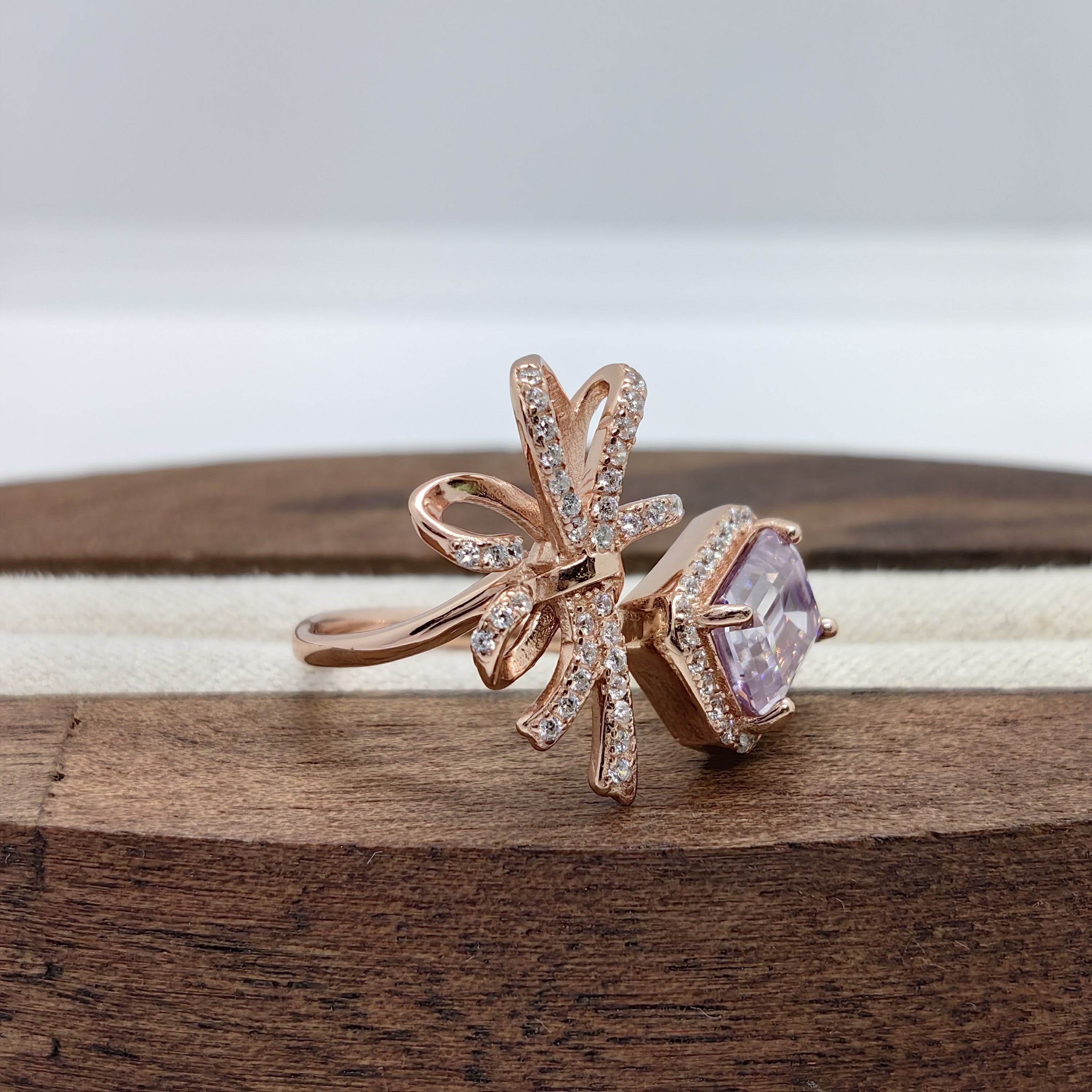 Women's 2 Carat Purple Emerald Cut Sterling Silver Bow Ring Engagement Wedding Band