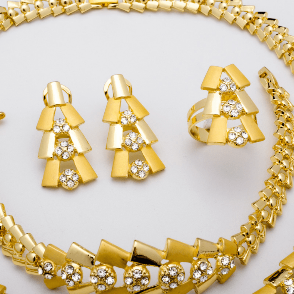 Ayollar uchun mis va zirkoniy to'plam, oltin tonidagi vintage geometrik dizayni bilan, partiyalar va to'ylar uchun