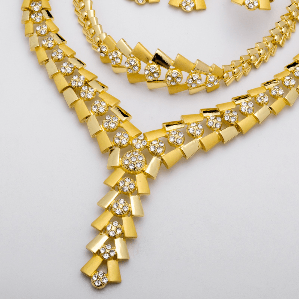 Ayollar uchun mis va zirkoniy to'plam, oltin tonidagi vintage geometrik dizayni bilan, partiyalar va to'ylar uchun