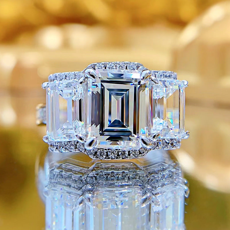 Silver Ring with 7x9 Emerald-Cut Synthetic Gemstones, Handcrafted Jewelry for Women