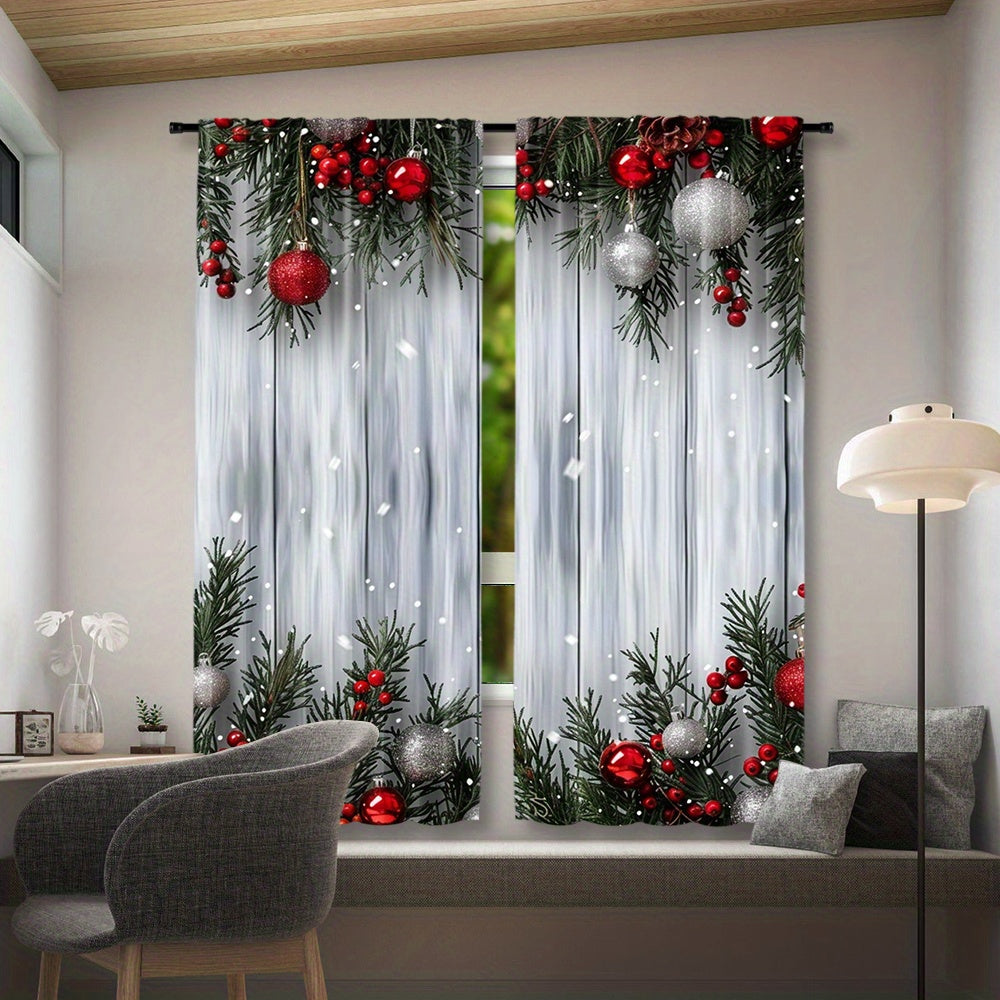 Christmas Curtain Set 2 Pieces Polyester Festive Tree and Ball Print for Living Room Bedroom Kitchen
