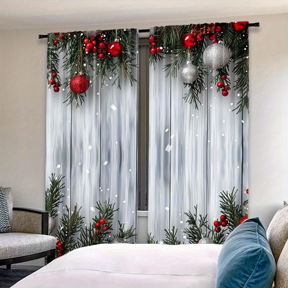 Christmas Curtain Set 2 Pieces Polyester Festive Tree and Ball Print for Living Room Bedroom Kitchen