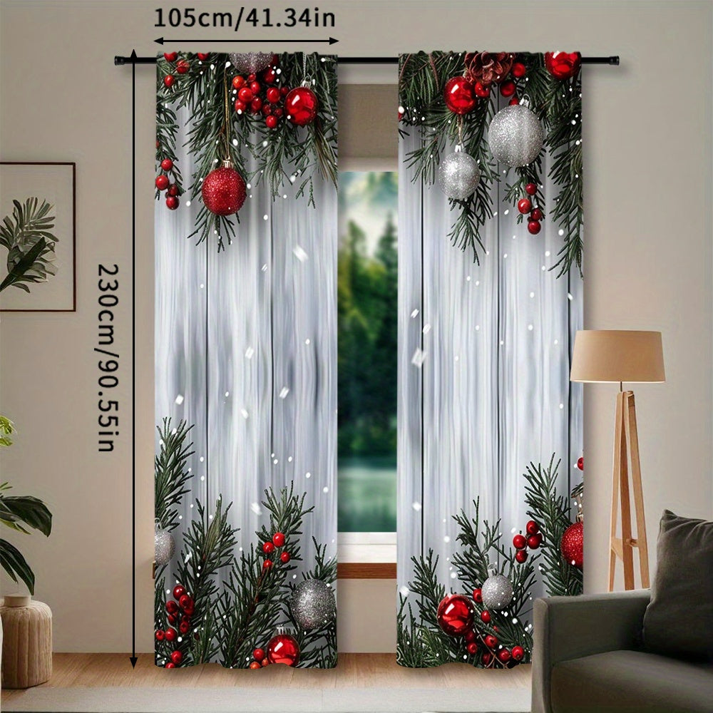 Christmas Curtain Set 2 Pieces Polyester Festive Tree and Ball Print for Living Room Bedroom Kitchen