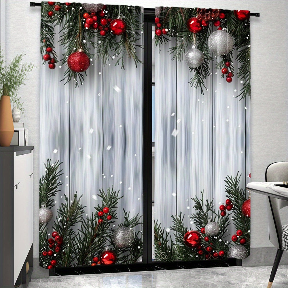 Christmas Curtain Set 2 Pieces Polyester Festive Tree and Ball Print for Living Room Bedroom Kitchen