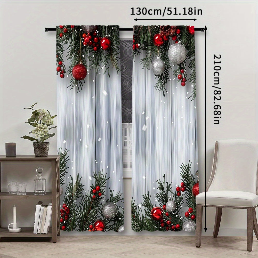 Christmas Curtain Set 2 Pieces Polyester Festive Tree and Ball Print for Living Room Bedroom Kitchen