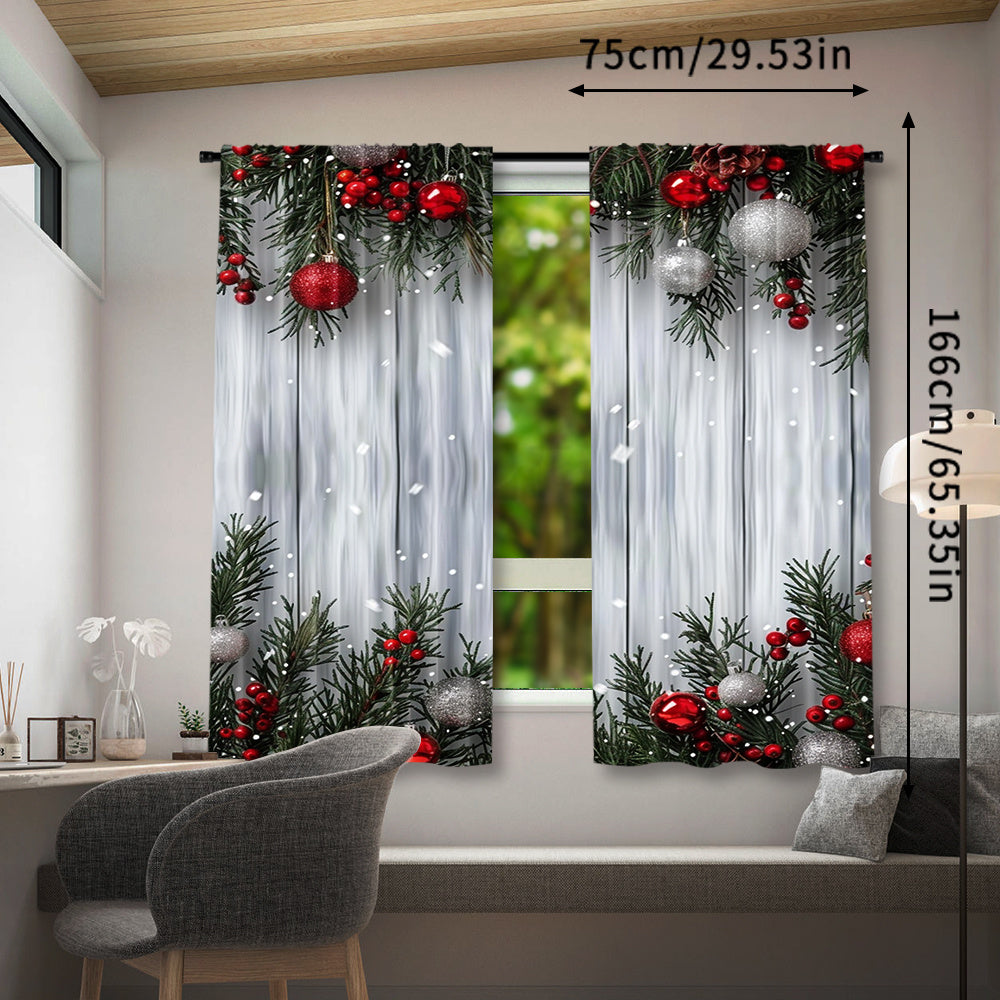 Christmas Curtain Set 2 Pieces Polyester Festive Tree and Ball Print for Living Room Bedroom Kitchen