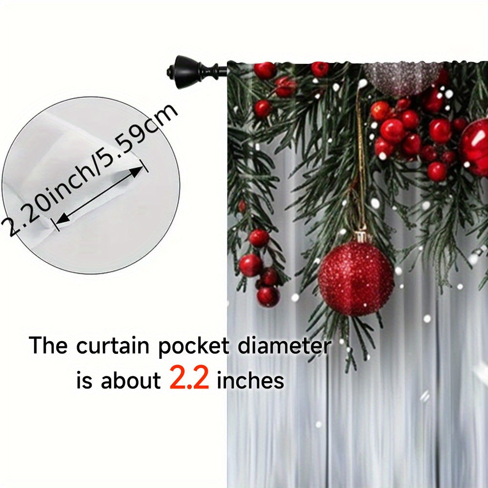 Christmas Curtain Set 2 Pieces Polyester Festive Tree and Ball Print for Living Room Bedroom Kitchen