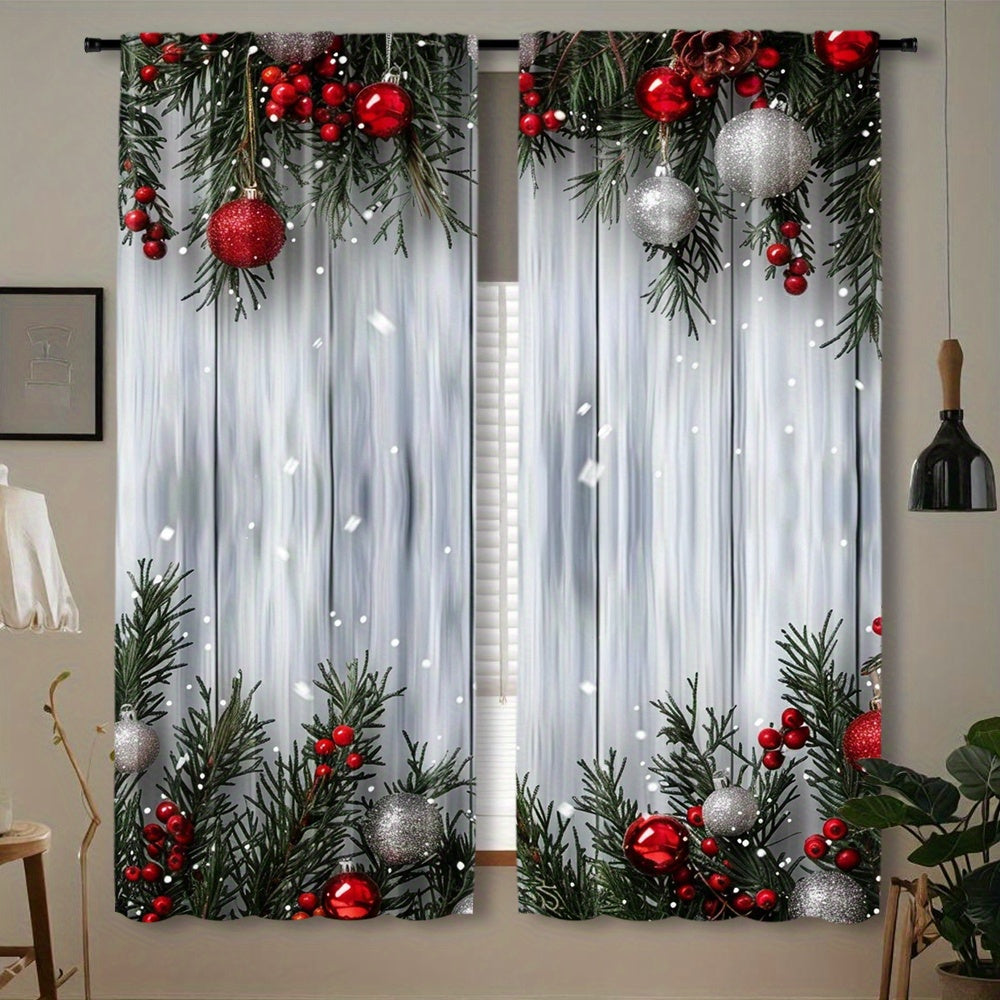 Christmas Curtain Set 2 Pieces Polyester Festive Tree and Ball Print for Living Room Bedroom Kitchen