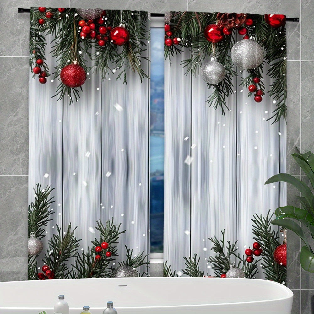 Christmas Curtain Set 2 Pieces Polyester Festive Tree and Ball Print for Living Room Bedroom Kitchen