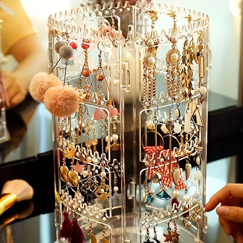 Soporte organizador de joyas con almacenamiento transparente y exhibición giratoria de 360° para pendientes, pulseras y collares