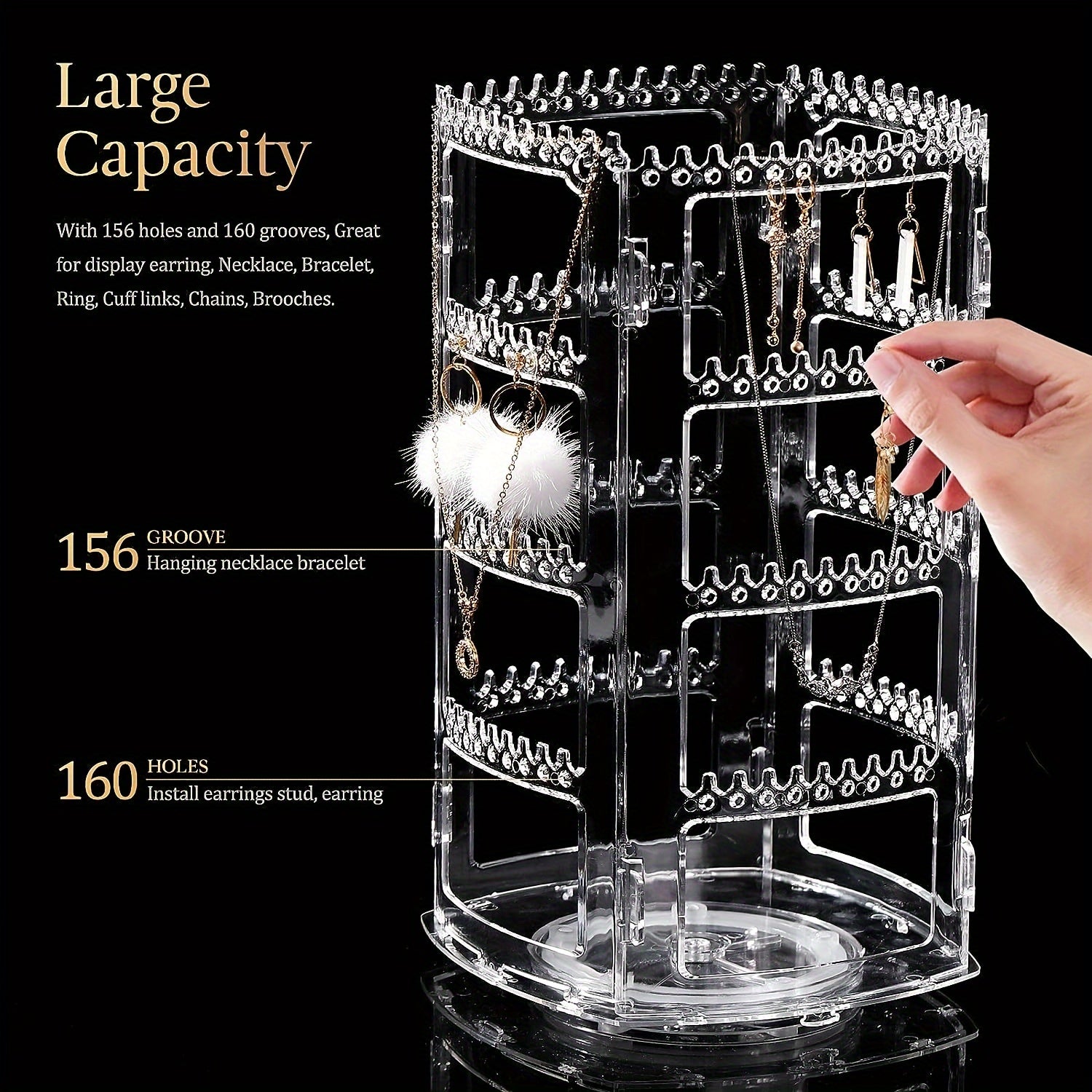 Soporte organizador de joyas con almacenamiento transparente y exhibición giratoria de 360° para pendientes, pulseras y collares
