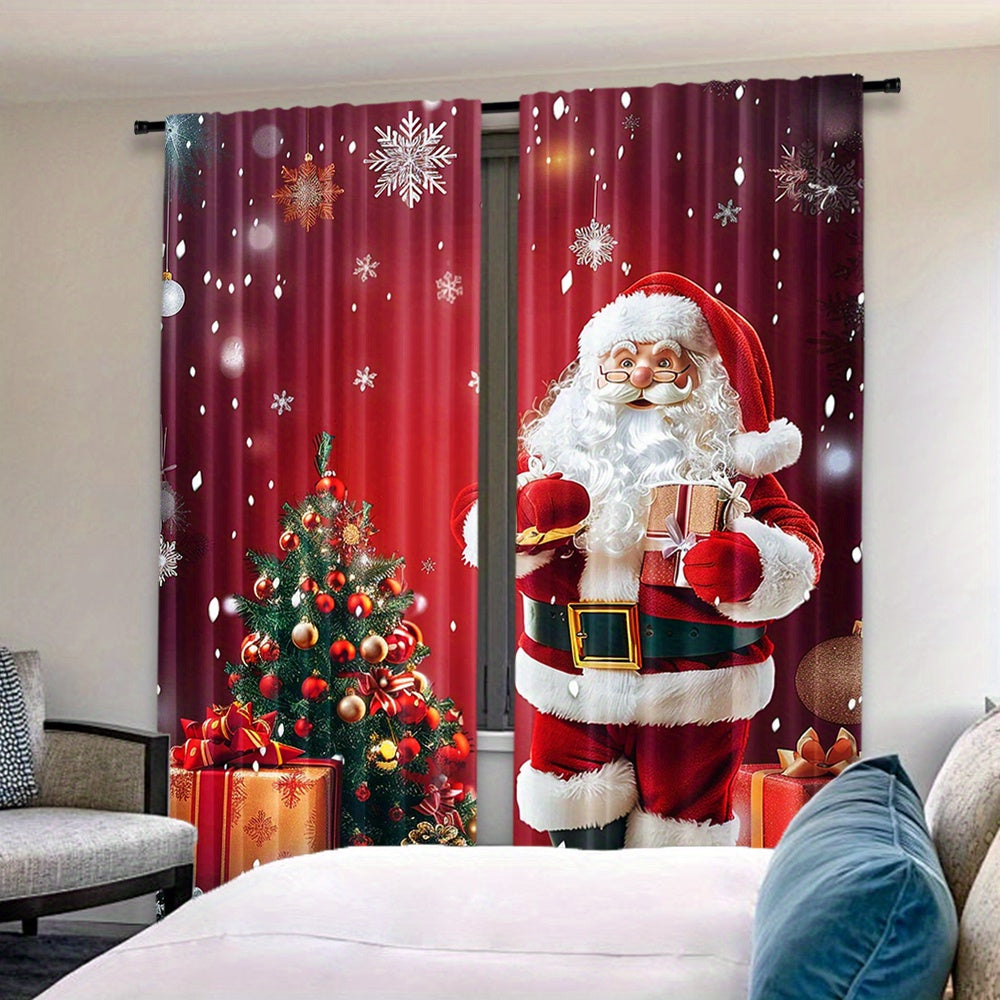 Santa Claus and Christmas Tree Print Rod Pocket Curtains Polyester Pongee Semi-Sheer Drapes for Bedroom Living Room