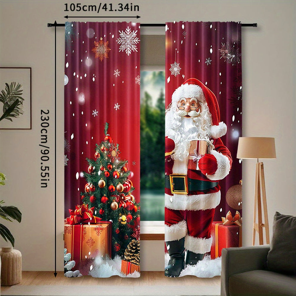 Santa Claus and Christmas Tree Print Rod Pocket Curtains Polyester Pongee Semi-Sheer Drapes for Bedroom Living Room