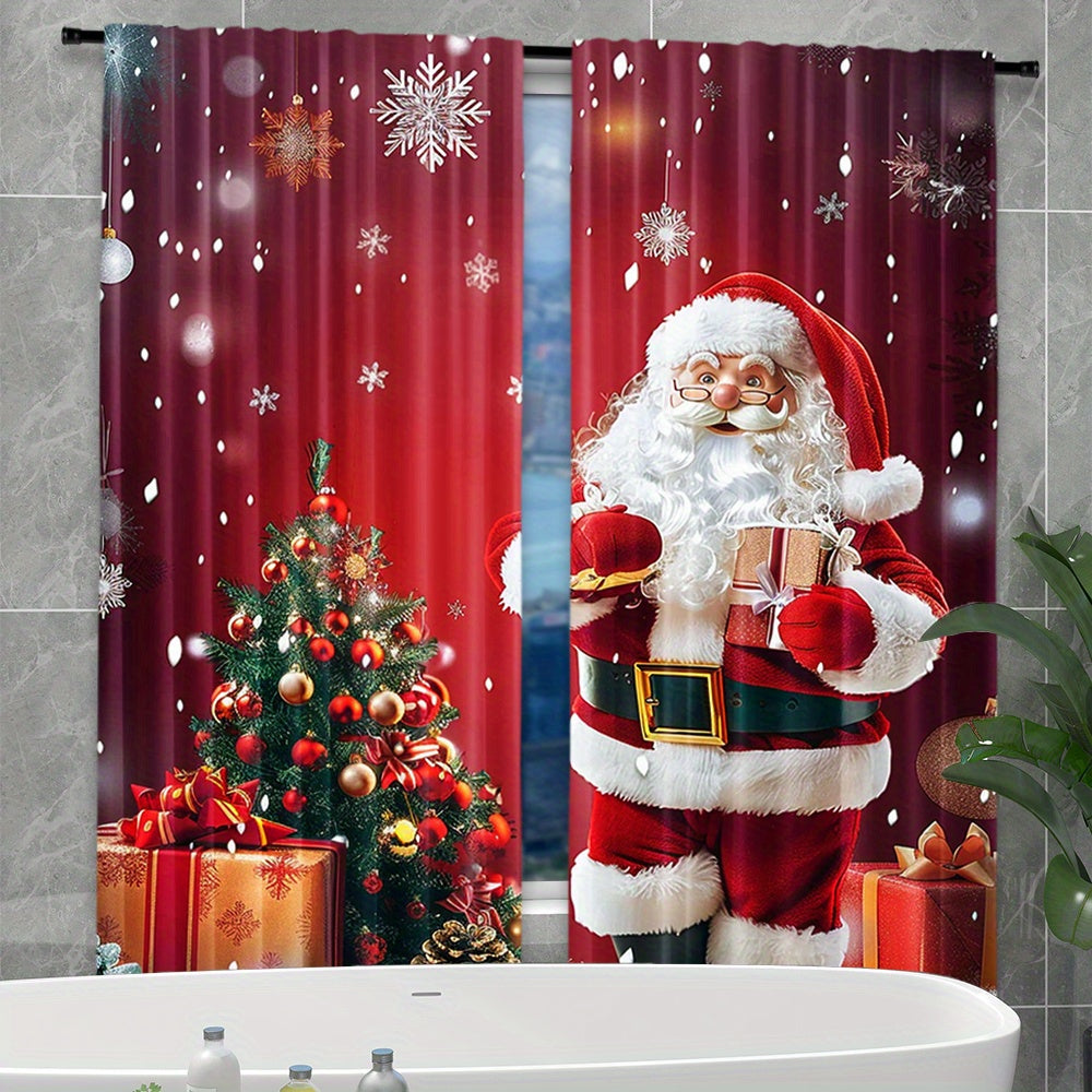 Santa Claus and Christmas Tree Print Rod Pocket Curtains Polyester Pongee Semi-Sheer Drapes for Bedroom Living Room