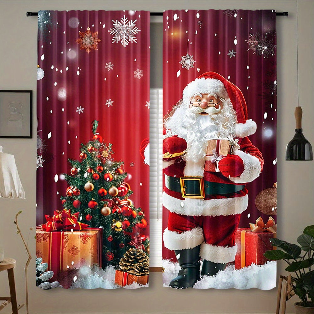 Santa Claus and Christmas Tree Print Rod Pocket Curtains Polyester Pongee Semi-Sheer Drapes for Bedroom Living Room