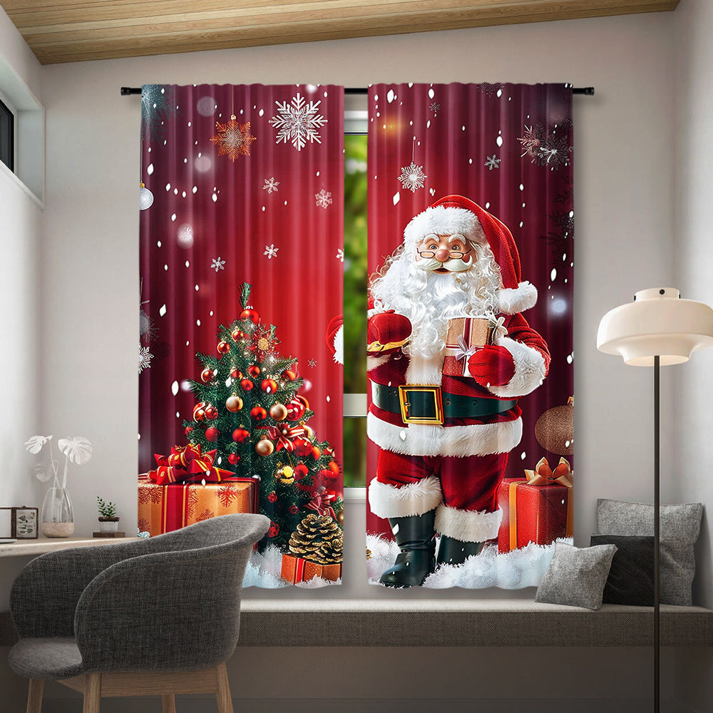 Santa Claus and Christmas Tree Print Rod Pocket Curtains Polyester Pongee Semi-Sheer Drapes for Bedroom Living Room