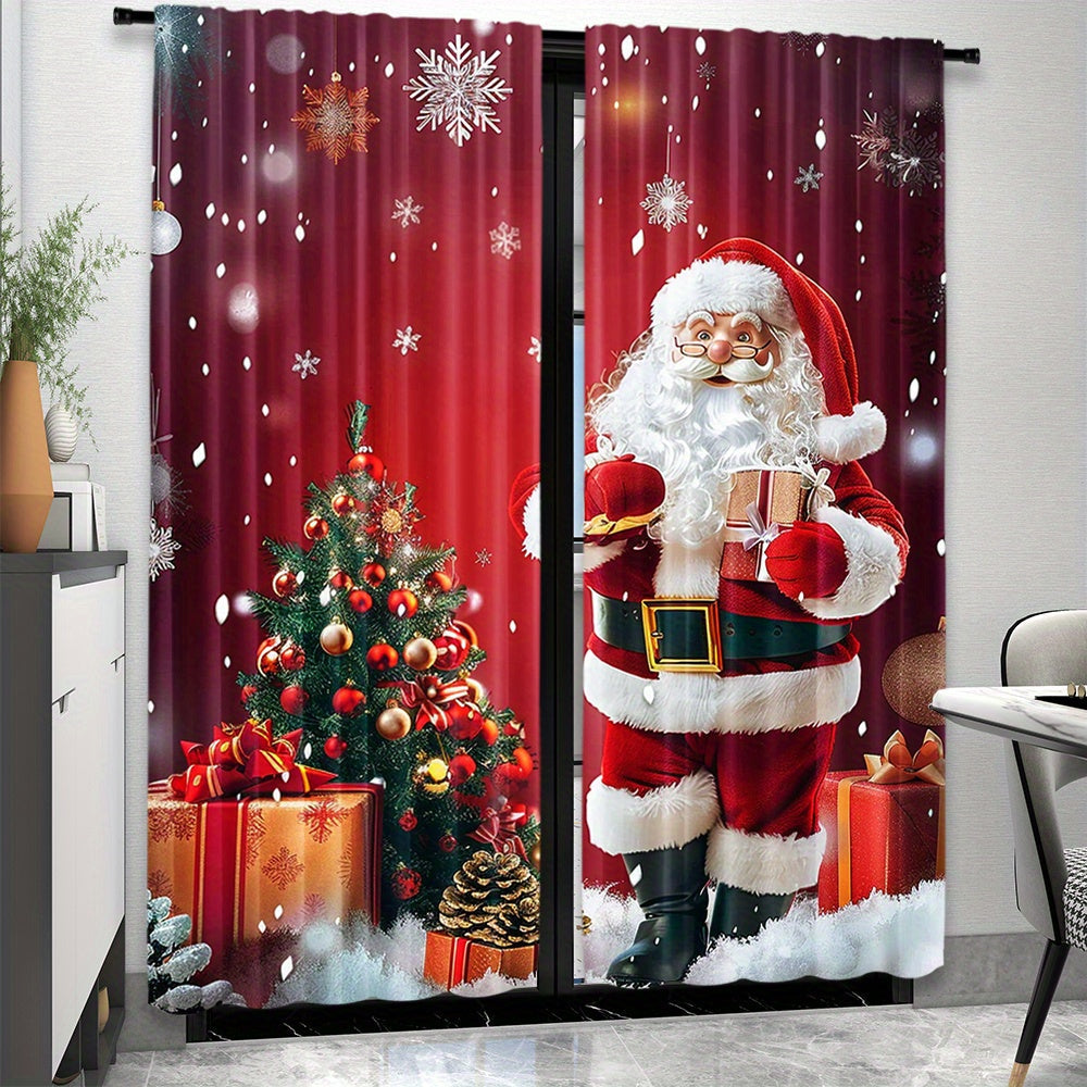 Santa Claus and Christmas Tree Print Rod Pocket Curtains Polyester Pongee Semi-Sheer Drapes for Bedroom Living Room