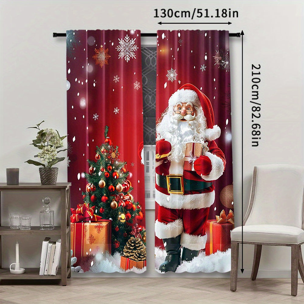 Santa Claus and Christmas Tree Print Rod Pocket Curtains Polyester Pongee Semi-Sheer Drapes for Bedroom Living Room