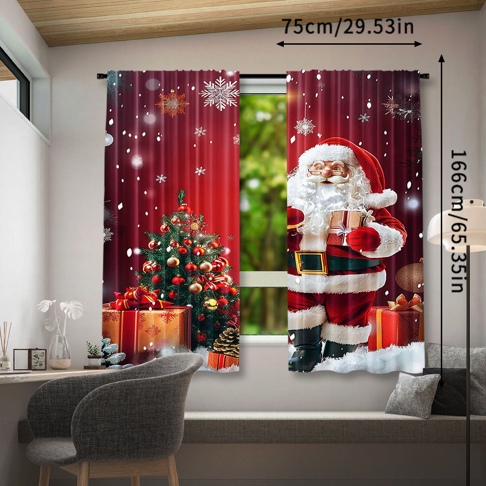 Santa Claus and Christmas Tree Print Rod Pocket Curtains Polyester Pongee Semi-Sheer Drapes for Bedroom Living Room