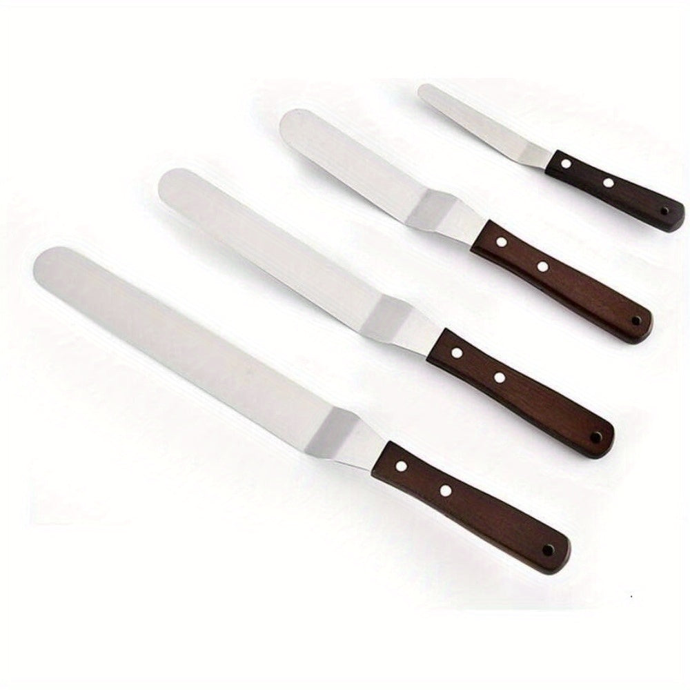 4 ta Professional Noxudli Po'latdan Yasalgan Tortni Bezaklash Spatulalari - 4", 6", 8" va 10" o'lchamdagi Moslashuvchan va Mustahkam Pichoq bilan Qulay Yog'och Tutqichlar bilan birga