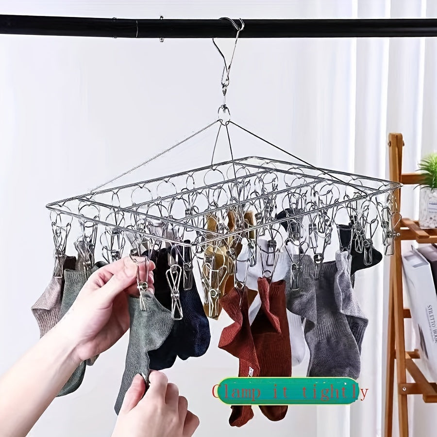 Stainless Steel Clothes Drying Rack with Clips Windproof Swivel Hook Multi-Clip Laundry Organizer