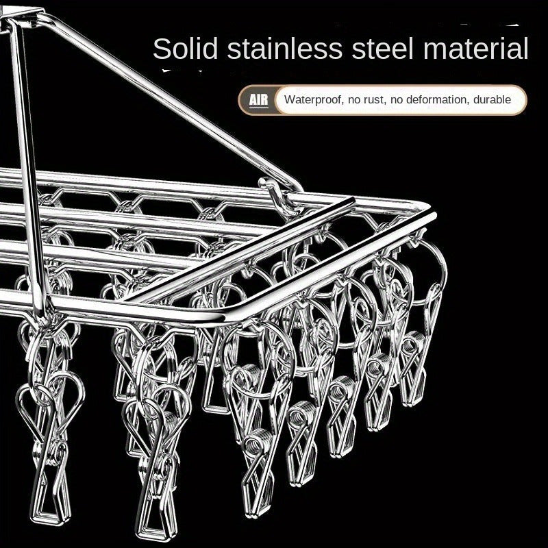 Stainless Steel Clothes Drying Rack with Clips Windproof Swivel Hook Multi-Clip Laundry Organizer