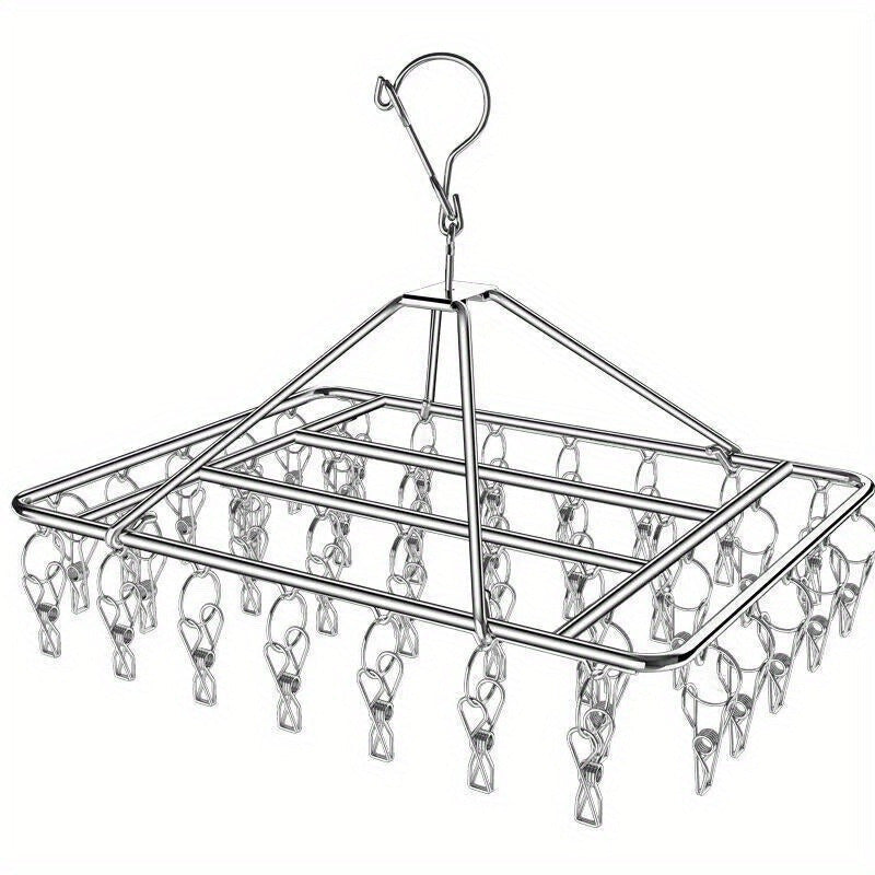 Stainless Steel Clothes Drying Rack with Clips Windproof Swivel Hook Multi-Clip Laundry Organizer