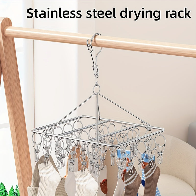 Stainless Steel Clothes Drying Rack with Clips Windproof Swivel Hook Multi-Clip Laundry Organizer