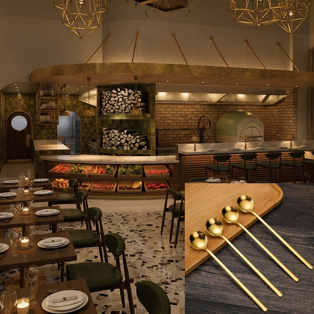 4-Piece Set of Gold-Tone Stainless Steel Serving Spoons for Coffee Tea Desserts