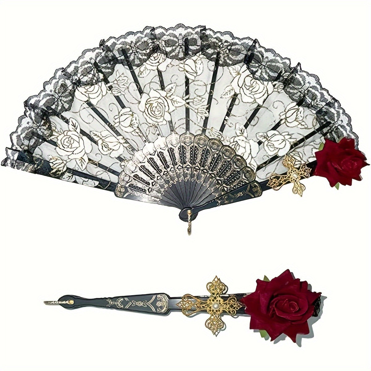 Vintage Black Folding Fan with Rose Floral Lace and Tassel for Parties and Decor