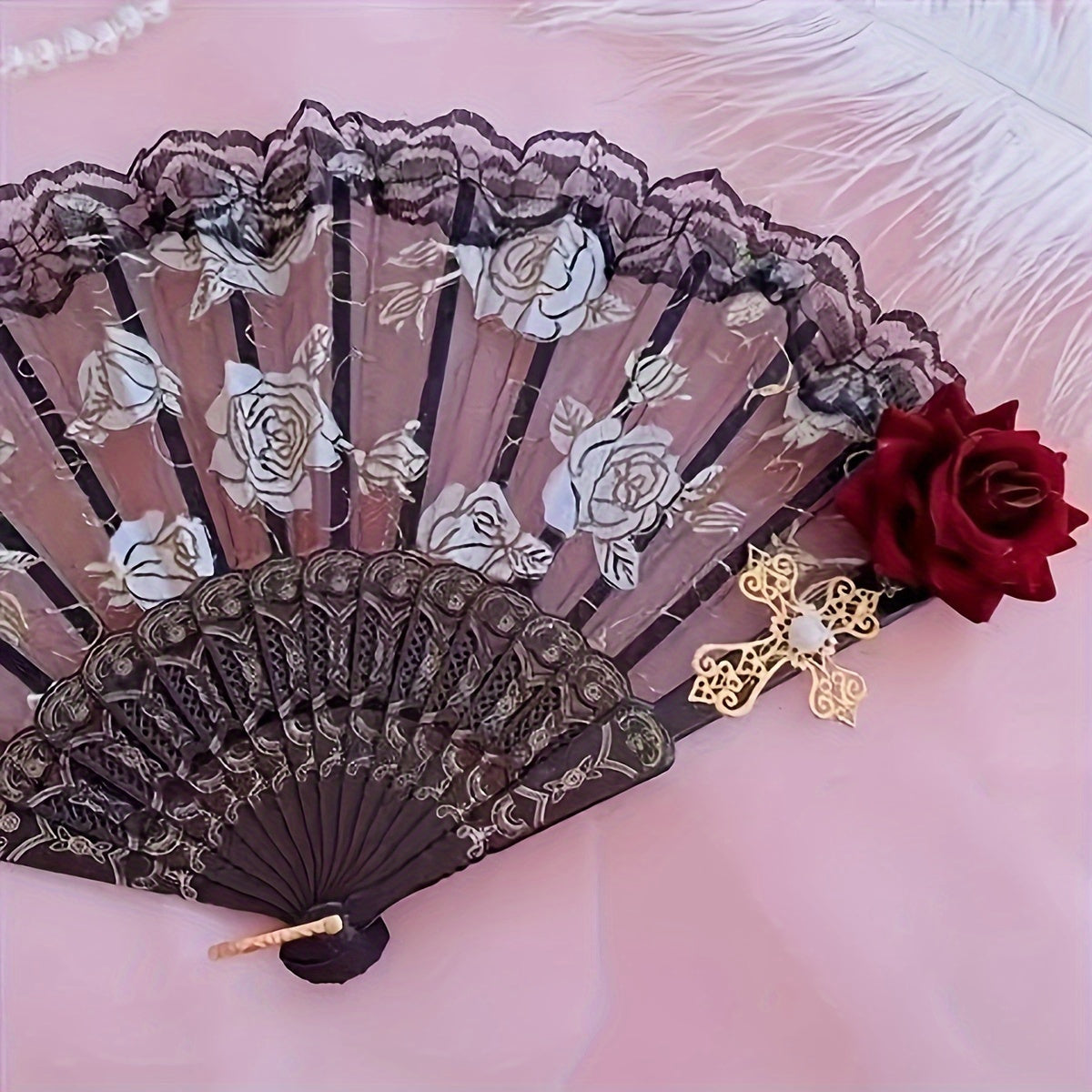 Vintage Black Folding Fan with Rose Floral Lace and Tassel for Parties and Decor