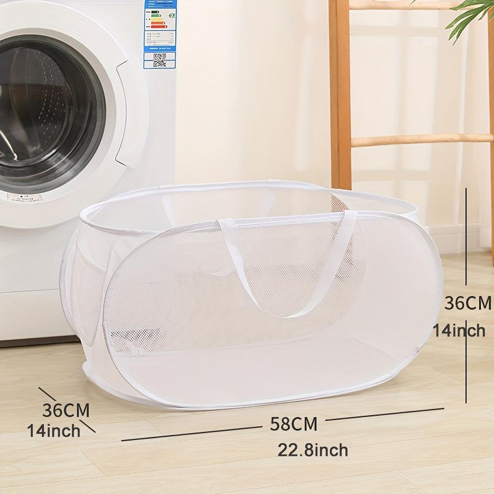 Mesh Laundry Basket with Side Pockets Foldable Sturdy Handle for Home Organization