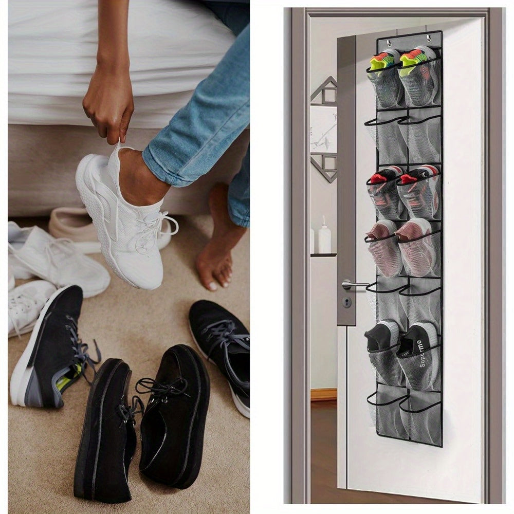 Over-Door Shoe Organizer with 14 Mesh Pockets for Closet Storage