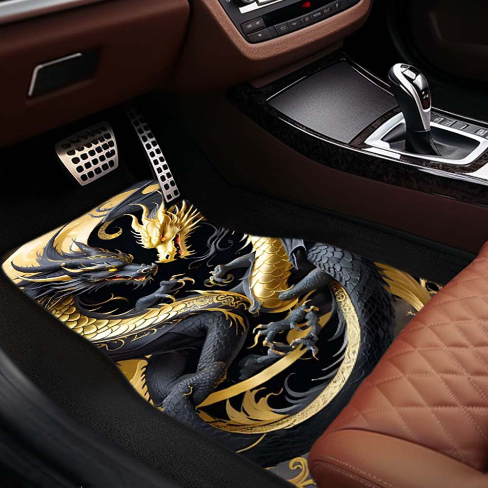Черные и золотые автомобильные коврики с дизайном дракона, нескользящие, передние и задние покрытия