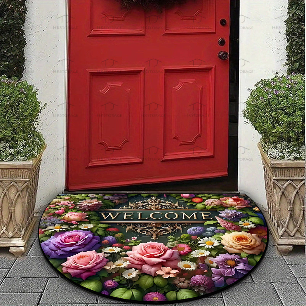 Half-Circle Welcome Floral Doormat Non-Slip Washable for High-Traffic Areas