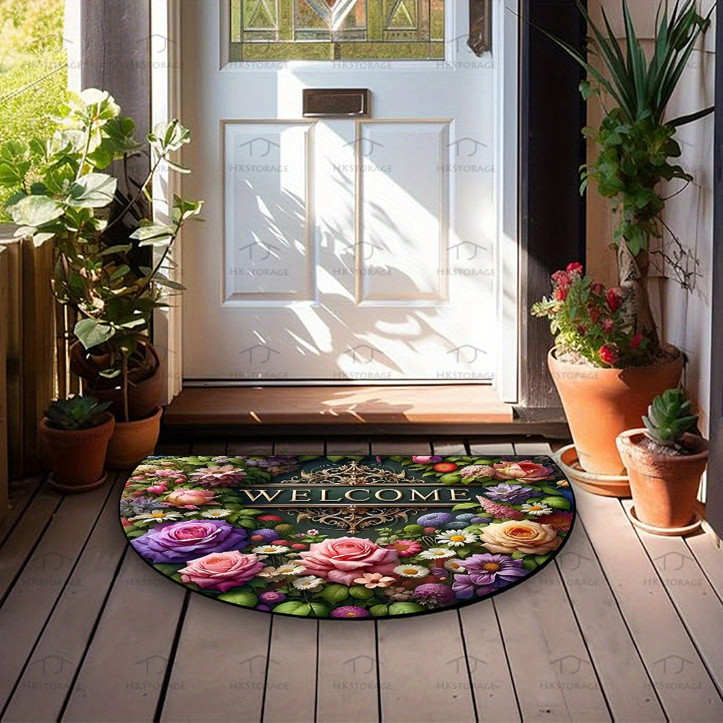 Half-Circle Welcome Floral Doormat Non-Slip Washable for High-Traffic Areas