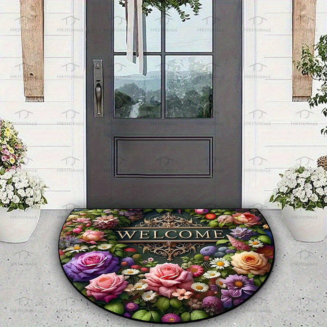 Half-Circle Welcome Floral Doormat Non-Slip Washable for High-Traffic Areas