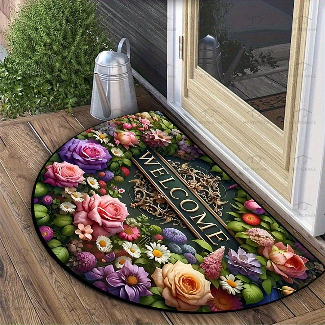 Half-Circle Welcome Floral Doormat Non-Slip Washable for High-Traffic Areas