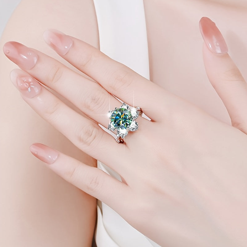Green Moissanite Starburst Ring 5 Carat Sterling Silver Gift for Women